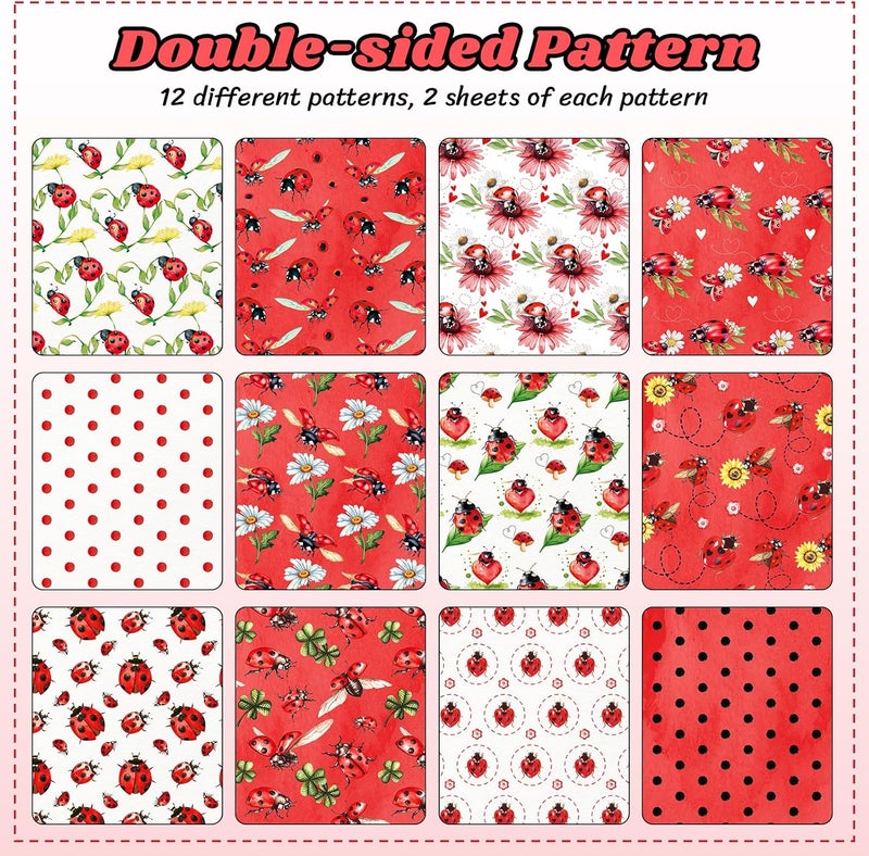 Feivando 24 Sheets Ladybug Scrapbook Paper 12'' × 12'' Double-Sided Red Ladybug Pattern Paper Insect Flower Decorative Decoupage Cardstock for DIY Card Craft Making Scrapbook Supplies - Image 3